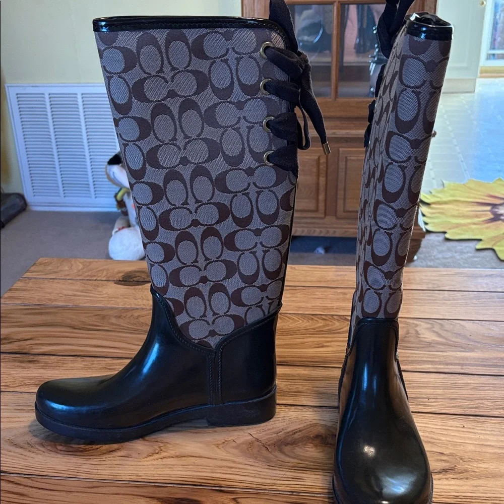 Coach Black and Brown Patterned Rain Boots - Picture 6 of 9